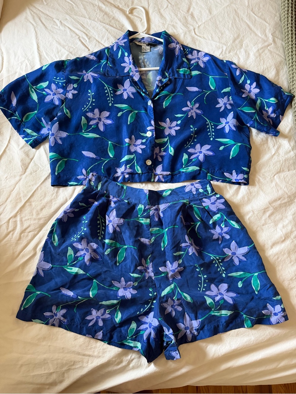 100% Silk Blue Floral Cropped Shirt and Shorts Set